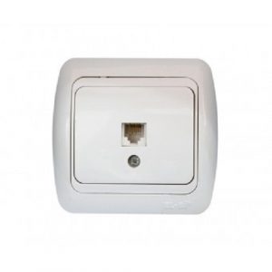 ELBI Tuna Fix RJ11 telefon csatlakozóaljzat fehér színben, rejtett szereléshez, csavaros bekötéssel, IP20 védelemmel és 16 Mb/s adatátvitellel.
