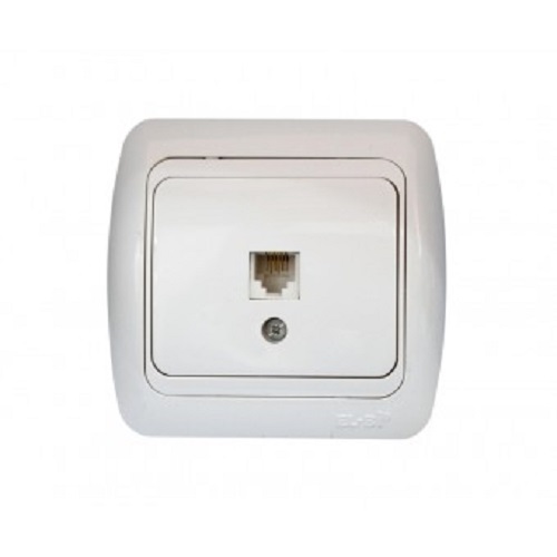 ELBI Tuna Fix RJ11 telefon csatlakozóaljzat fehér színben, rejtett szereléshez, csavaros bekötéssel, IP20 védelemmel és 16 Mb/s adatátvitellel.