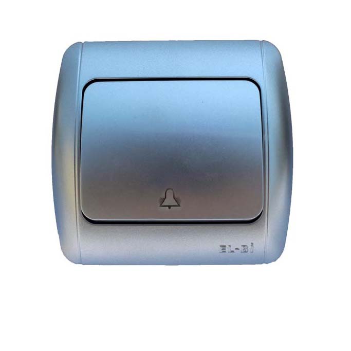 Szürke ELBI Zirve csengő nyomógomb süllyesztett szereléshez, 250 V és 10 A terhelhetőséggel. Tartós műanyag, megbízható csavaros csatlakozással.