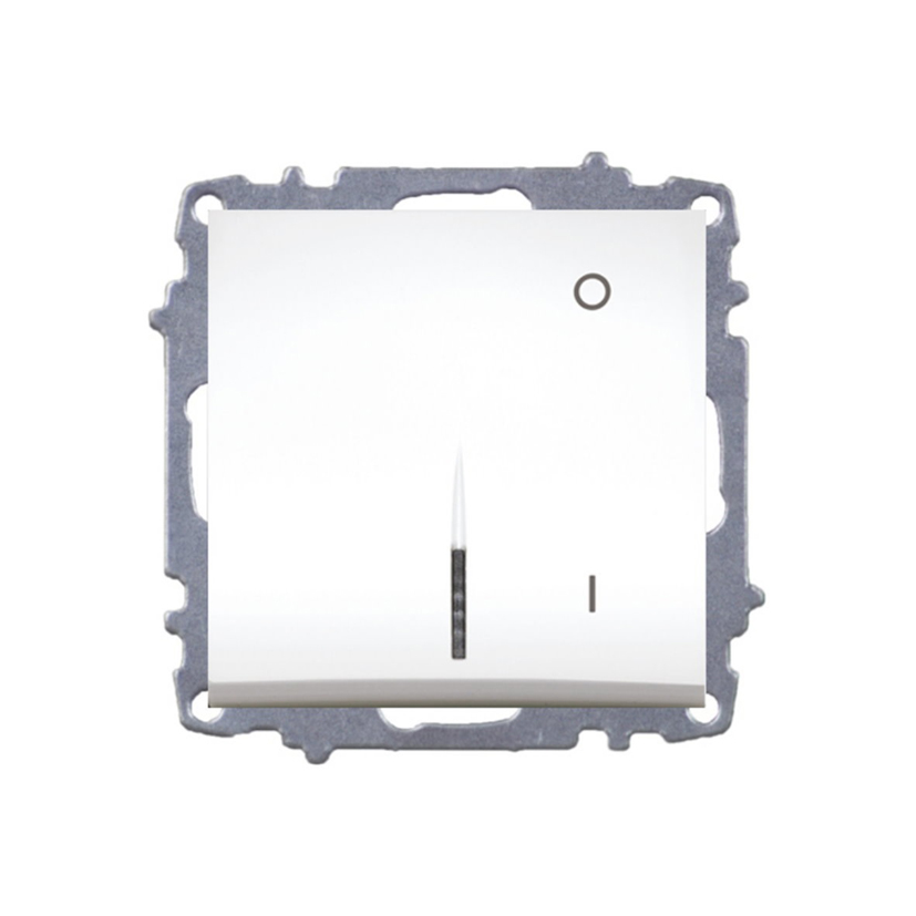 ELBI fehér kétpólusú kapcsoló jelzőfénnyel, keret nélküli modul kivitelben. 16A, 250V, reteszelő működés, ZENA és VEGA keretekhez.