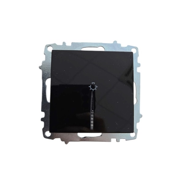 ELBI Zena Platin fekete nyomókapcsoló jelzőfénnyel, keret nélküli kivitelben. Nem reteszelő működés, 10A, 250V, rejtett szereléshez.