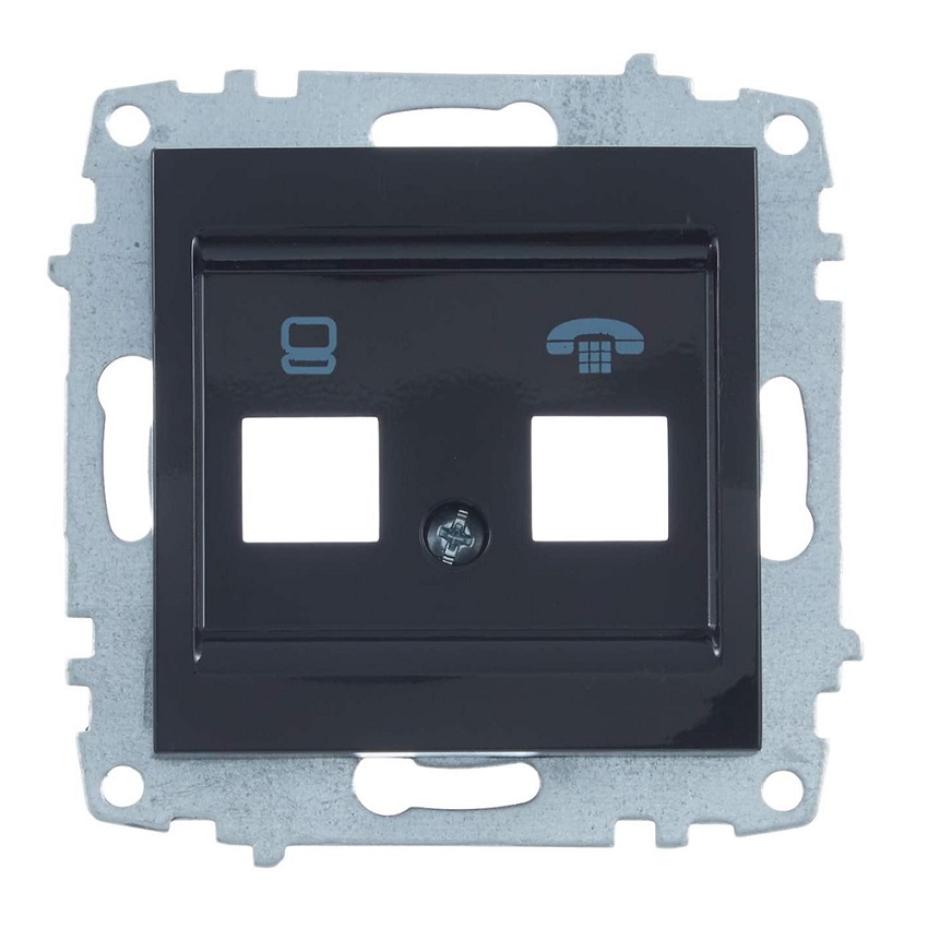 ELBI Zena Platin fekete RJ11 Cat3 + RJ45 Cat6 kombinált aljzat, keret nélkül. Rejtett szereléshez, kompatibilis minden Zena Platin kerettel.