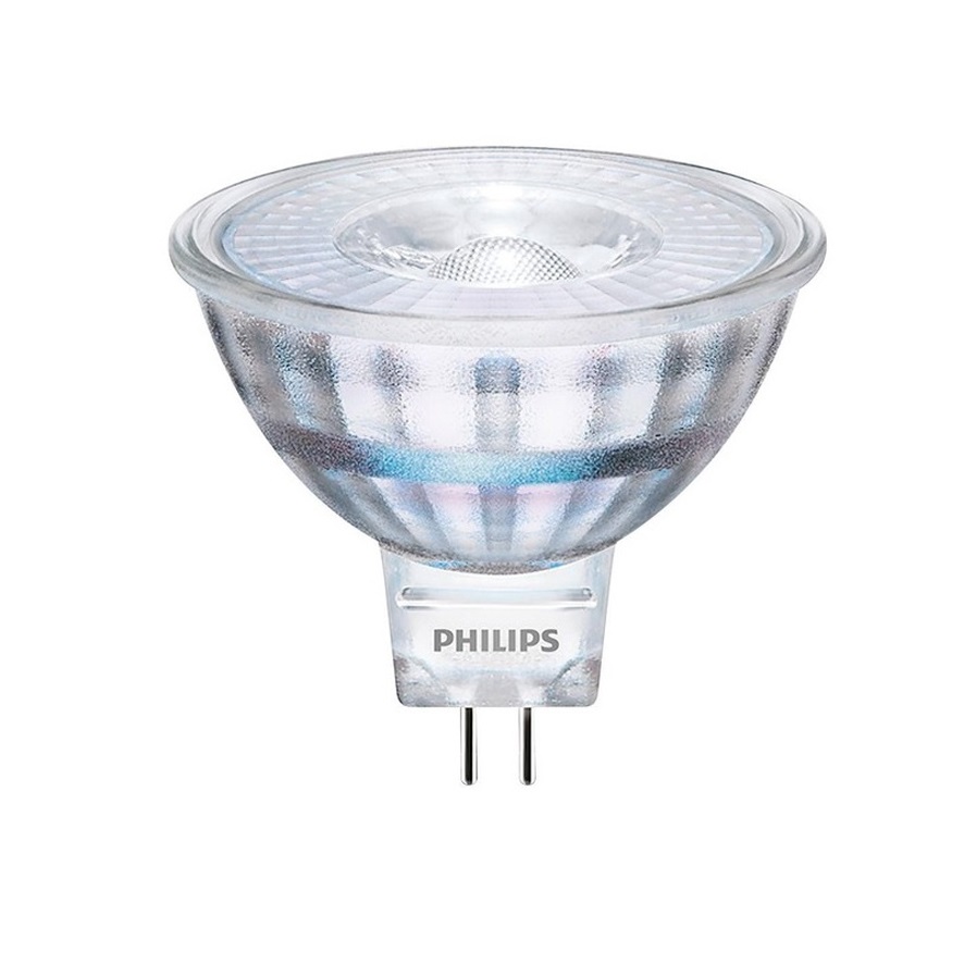 Philips LED izzó MR16 GU5.3 4.4W 12V, meleg fehér 2700K fénnyel, 345lm fényárammal, 36° sugárzási szöggel és 15 000 óra élettartammal.