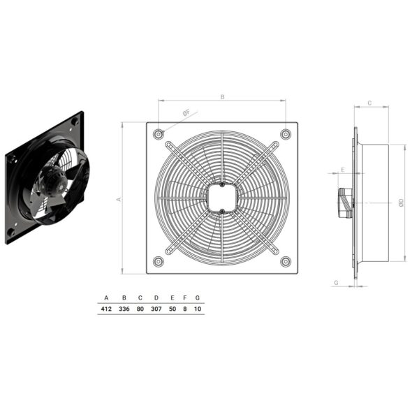 Méretek BVN BDRAX-K-300-4K axiál ventilátor 65W
