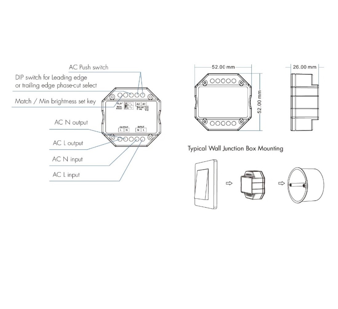 Smart WiFi+PUSH fényerőszabályzó modul DC 0–10V, 150–360W, IP20, 30 m hatótáv, TUYA Smart, Alexa és Google Home kompatibilis
