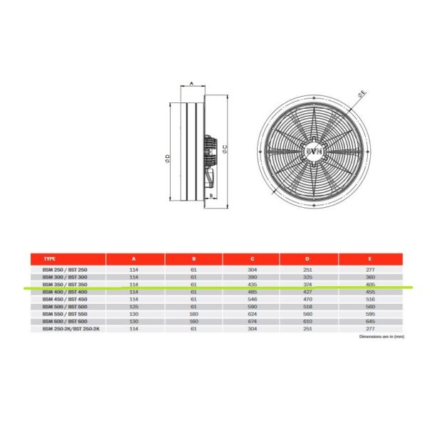 rajz méretei Axiális ipari ventilátor 160W BSM-350
