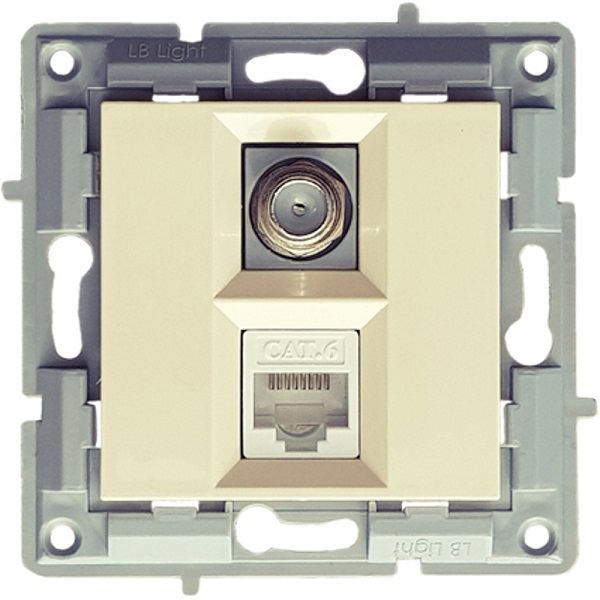 LB Light krém RJ45 CAT6 és TV F-konnektor csatlakozóaljzat modul keret nélküli kivitelben, kompatibilis a fehér és színes Classic és Softline keretekkel